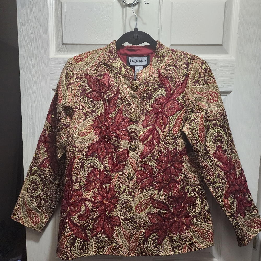 INDIGO MOON Calla Day Lily Paisley Embroidery Blazer Jacket S